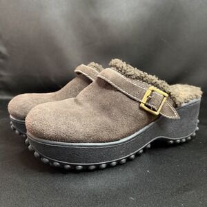 Y2K Rocket Dog Brown Leather Platform Clogs 10M Buckle Faux Fur Chunky Grunge